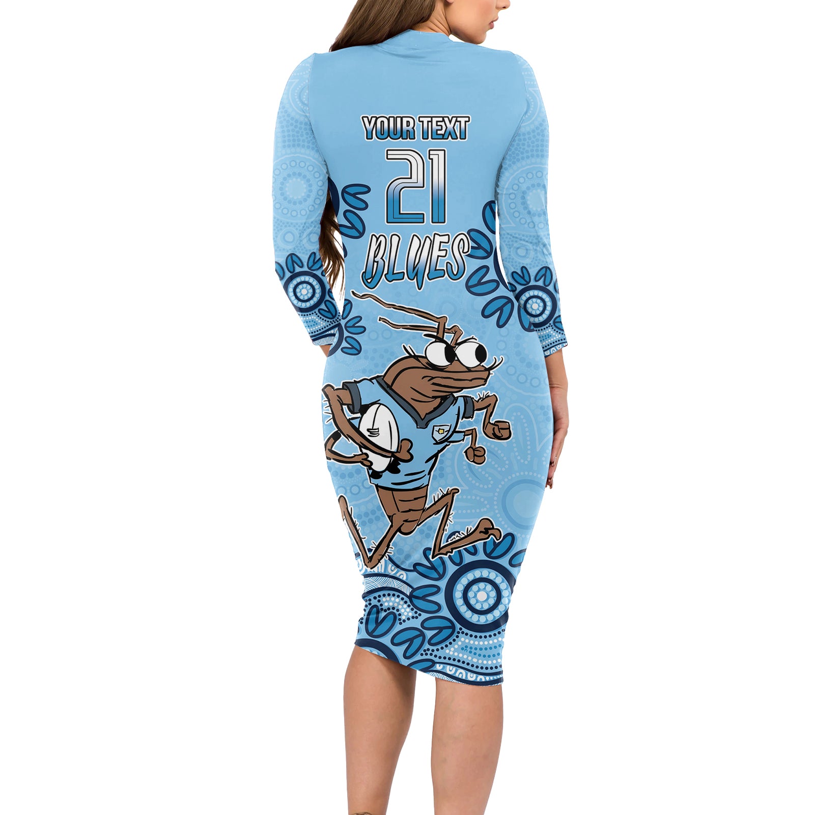 Custom NSW Blues Cockroach Blooded Aboriginal Inspired Long Sleeve Bodycon Dress