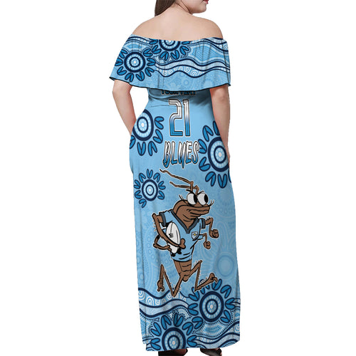 Custom NSW Blues Cockroach Blooded Aboriginal Inspired Off Shoulder Maxi Dress