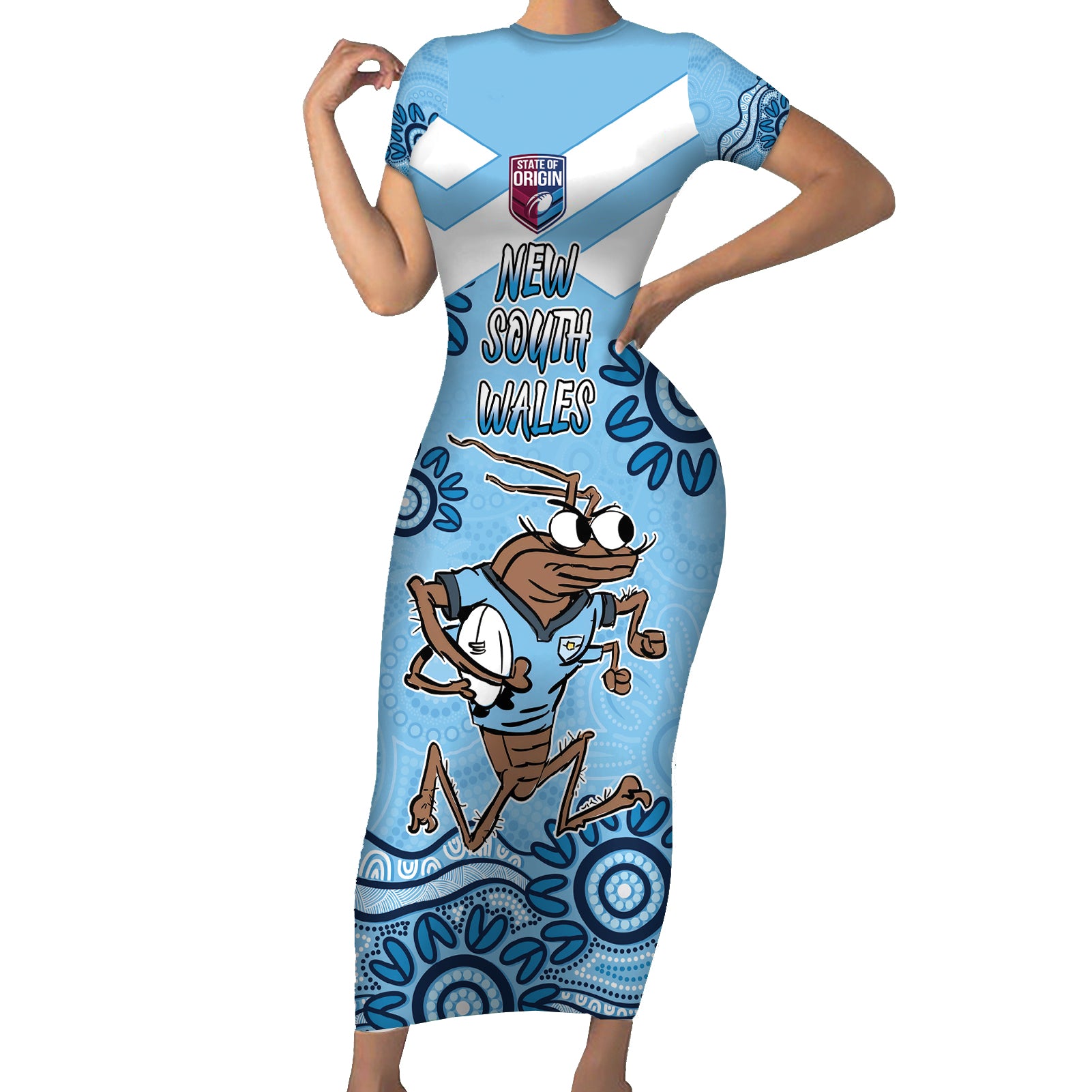 Custom NSW Blues Cockroach Blooded Aboriginal Inspired Short Sleeve Bodycon Dress