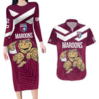 Custom Queensland Rugby Couples Matching Long Sleeve Bodycon Dress and Hawaiian Shirt Maroons Cane Toad Origin Sporty