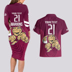 Custom Queensland Rugby Couples Matching Long Sleeve Bodycon Dress and Hawaiian Shirt Maroons Cane Toad Origin Sporty