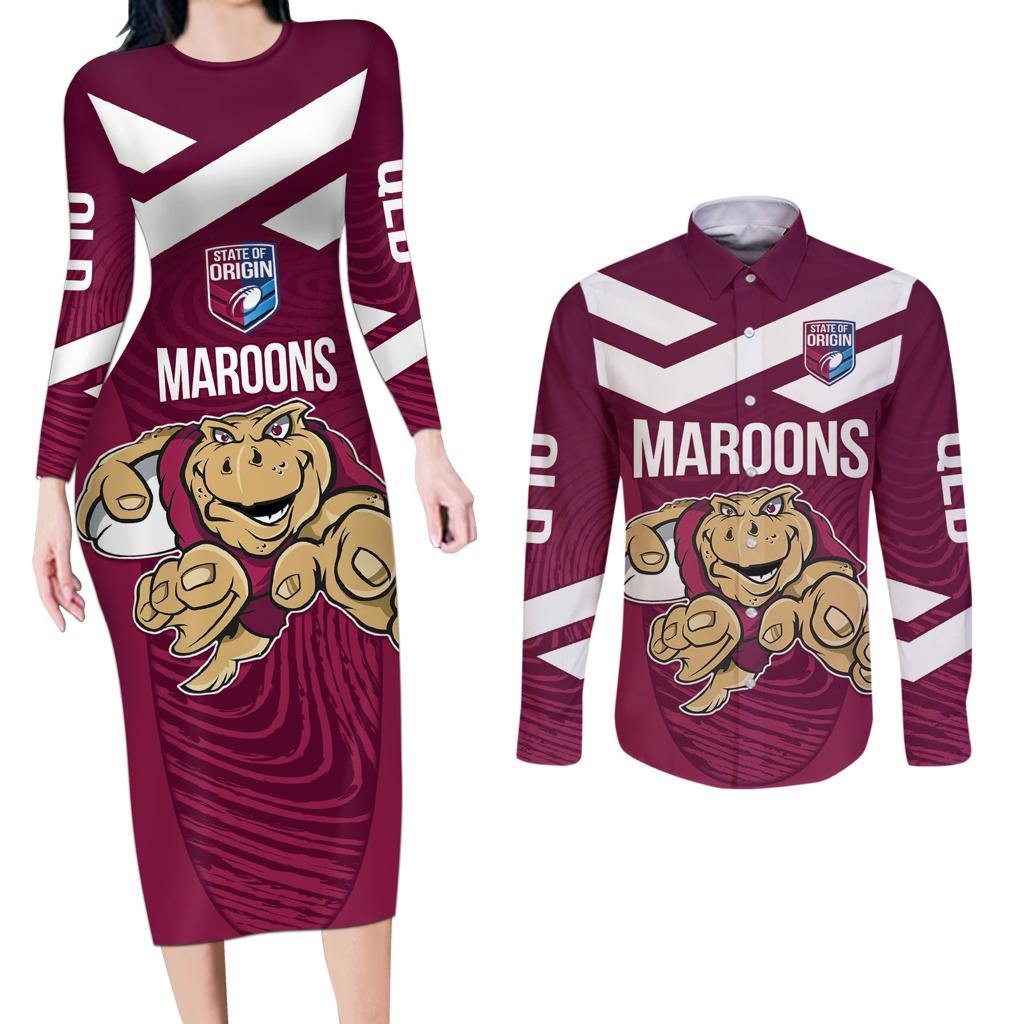 Custom Queensland Rugby Couples Matching Long Sleeve Bodycon Dress and Long Sleeve Button Shirt Maroons Cane Toad Origin Sporty