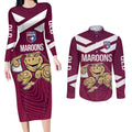 Custom Queensland Rugby Couples Matching Long Sleeve Bodycon Dress and Long Sleeve Button Shirt Maroons Cane Toad Origin Sporty