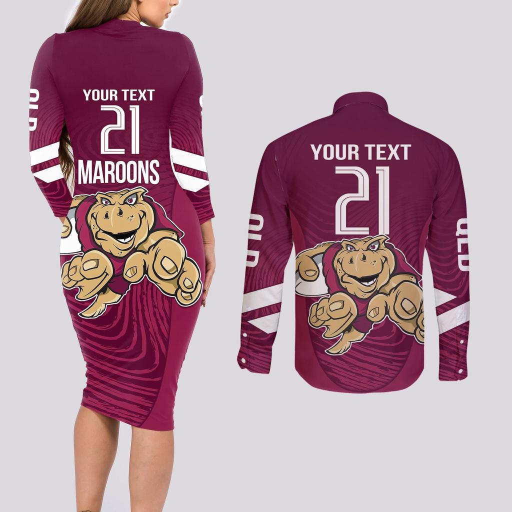 Custom Queensland Rugby Couples Matching Long Sleeve Bodycon Dress and Long Sleeve Button Shirt Maroons Cane Toad Origin Sporty