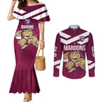 Custom Queensland Rugby Couples Matching Mermaid Dress and Long Sleeve Button Shirt Maroons Cane Toad Origin Sporty