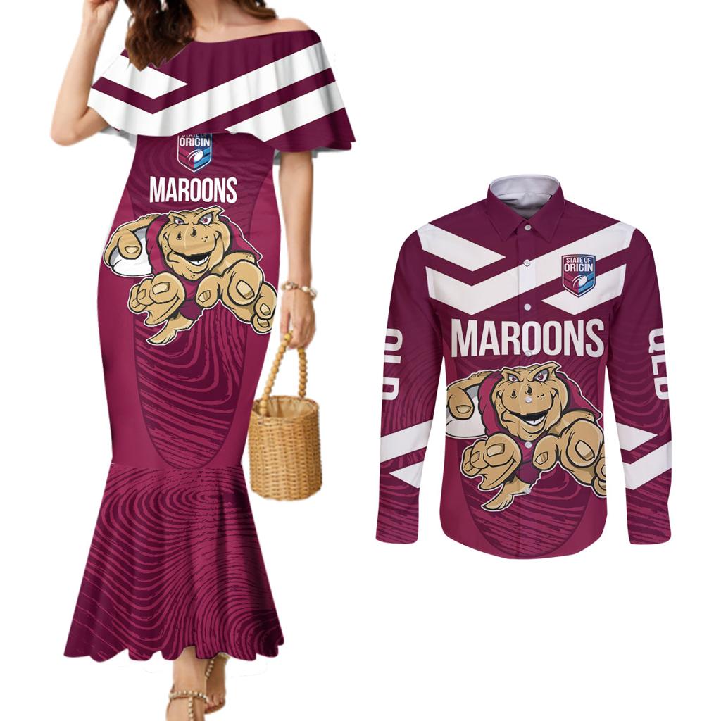 Custom Queensland Rugby Couples Matching Mermaid Dress and Long Sleeve Button Shirt Maroons Cane Toad Origin Sporty