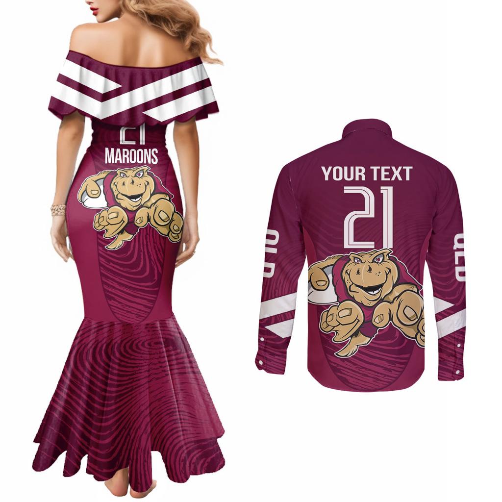 Custom Queensland Rugby Couples Matching Mermaid Dress and Long Sleeve Button Shirt Maroons Cane Toad Origin Sporty