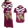 Custom Queensland Rugby Couples Matching Off Shoulder Maxi Dress and Hawaiian Shirt Maroons Cane Toad Origin Sporty