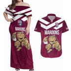 Custom Queensland Rugby Couples Matching Off Shoulder Maxi Dress and Hawaiian Shirt Maroons Cane Toad Origin Sporty