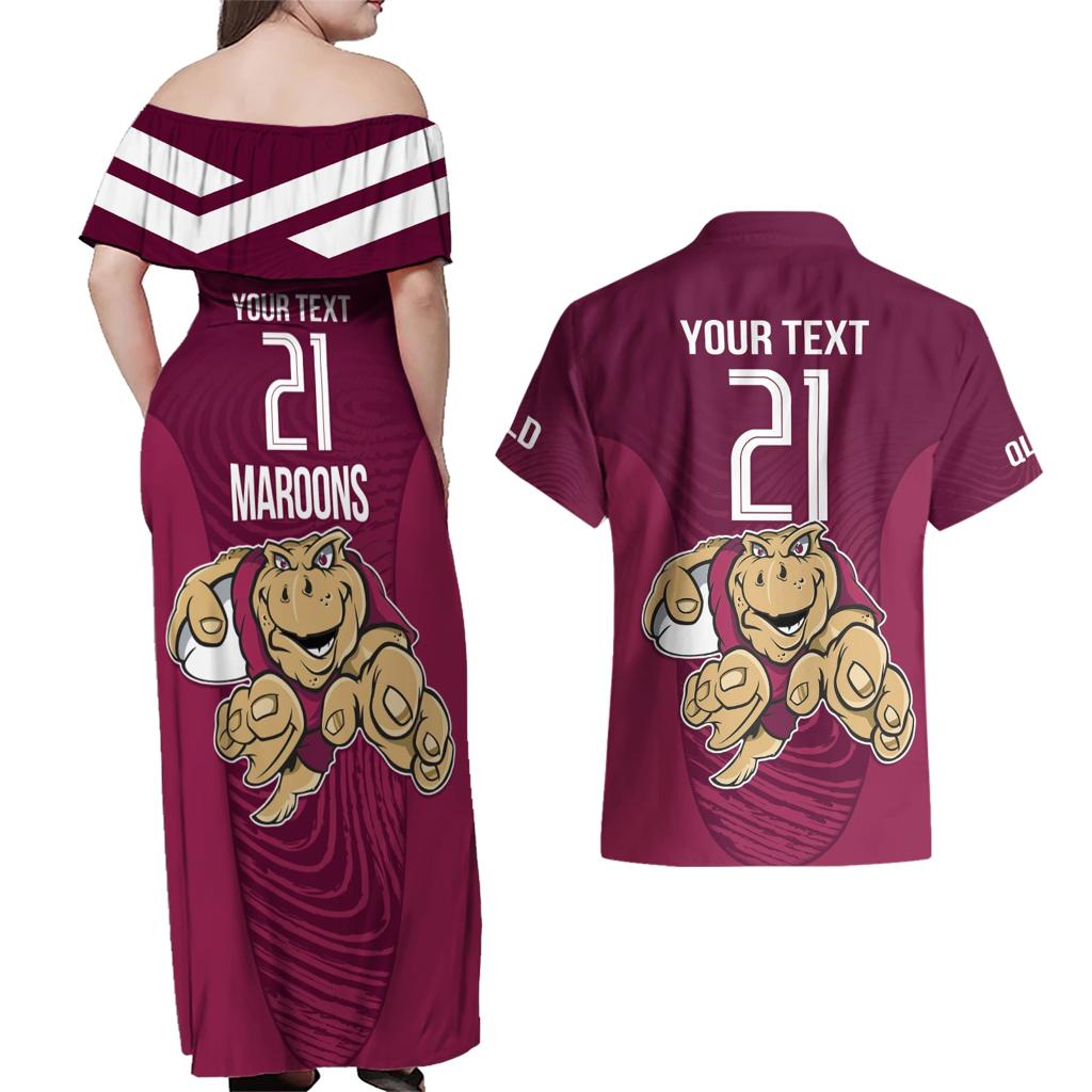 Custom Queensland Rugby Couples Matching Off Shoulder Maxi Dress and Hawaiian Shirt Maroons Cane Toad Origin Sporty