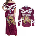 Custom Queensland Rugby Couples Matching Off Shoulder Maxi Dress and Long Sleeve Button Shirt Maroons Cane Toad Origin Sporty