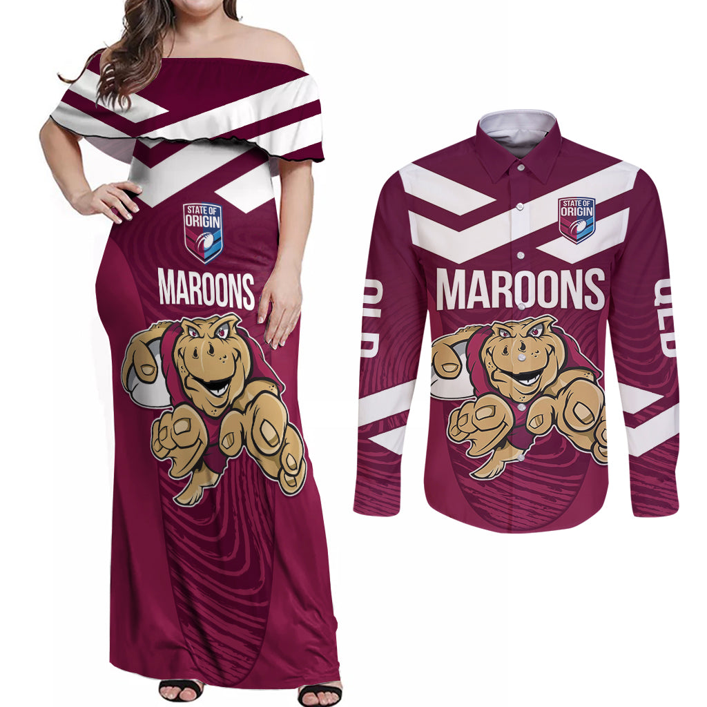 Custom Queensland Rugby Couples Matching Off Shoulder Maxi Dress and Long Sleeve Button Shirt Maroons Cane Toad Origin Sporty