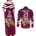 Custom Queensland Rugby Couples Matching Off Shoulder Maxi Dress and Long Sleeve Button Shirt Maroons Cane Toad Origin Sporty
