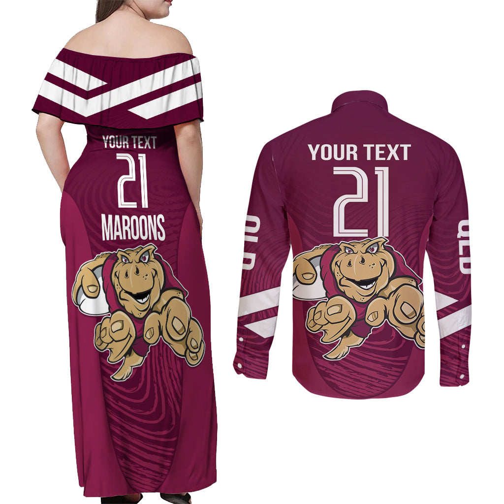 Custom Queensland Rugby Couples Matching Off Shoulder Maxi Dress and Long Sleeve Button Shirt Maroons Cane Toad Origin Sporty