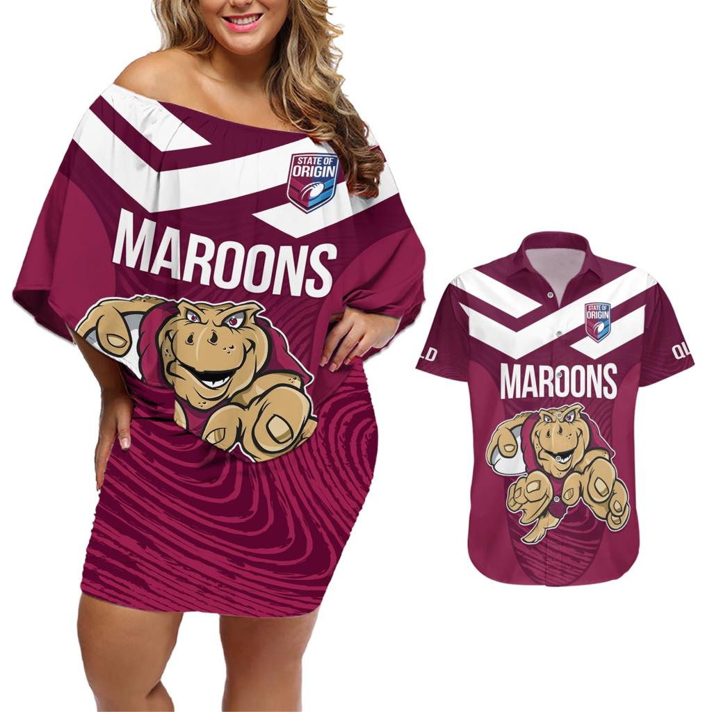 Custom Queensland Rugby Couples Matching Off Shoulder Short Dress and Hawaiian Shirt Maroons Cane Toad Origin Sporty