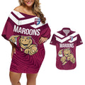 Custom Queensland Rugby Couples Matching Off Shoulder Short Dress and Hawaiian Shirt Maroons Cane Toad Origin Sporty