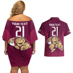 Custom Queensland Rugby Couples Matching Off Shoulder Short Dress and Hawaiian Shirt Maroons Cane Toad Origin Sporty