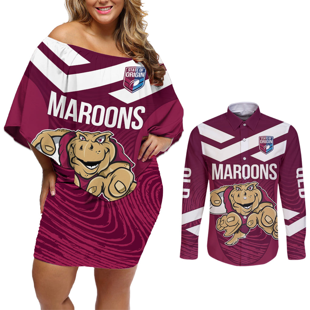 Custom Queensland Rugby Couples Matching Off Shoulder Short Dress and Long Sleeve Button Shirt Maroons Cane Toad Origin Sporty
