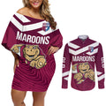 Custom Queensland Rugby Couples Matching Off Shoulder Short Dress and Long Sleeve Button Shirt Maroons Cane Toad Origin Sporty