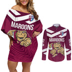 Custom Queensland Rugby Couples Matching Off Shoulder Short Dress and Long Sleeve Button Shirt Maroons Cane Toad Origin Sporty