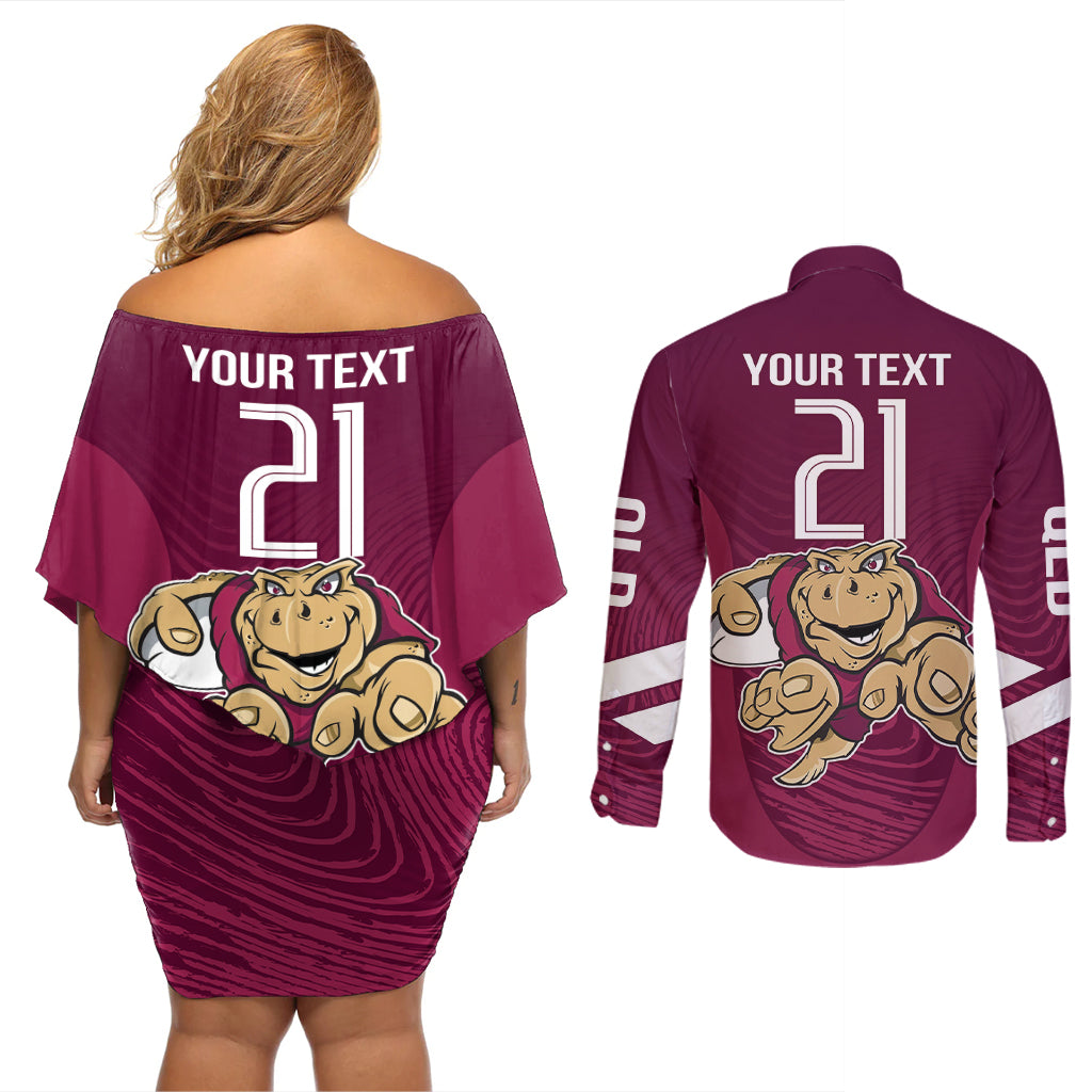 Custom Queensland Rugby Couples Matching Off Shoulder Short Dress and Long Sleeve Button Shirt Maroons Cane Toad Origin Sporty