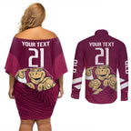 Custom Queensland Rugby Couples Matching Off Shoulder Short Dress and Long Sleeve Button Shirt Maroons Cane Toad Origin Sporty