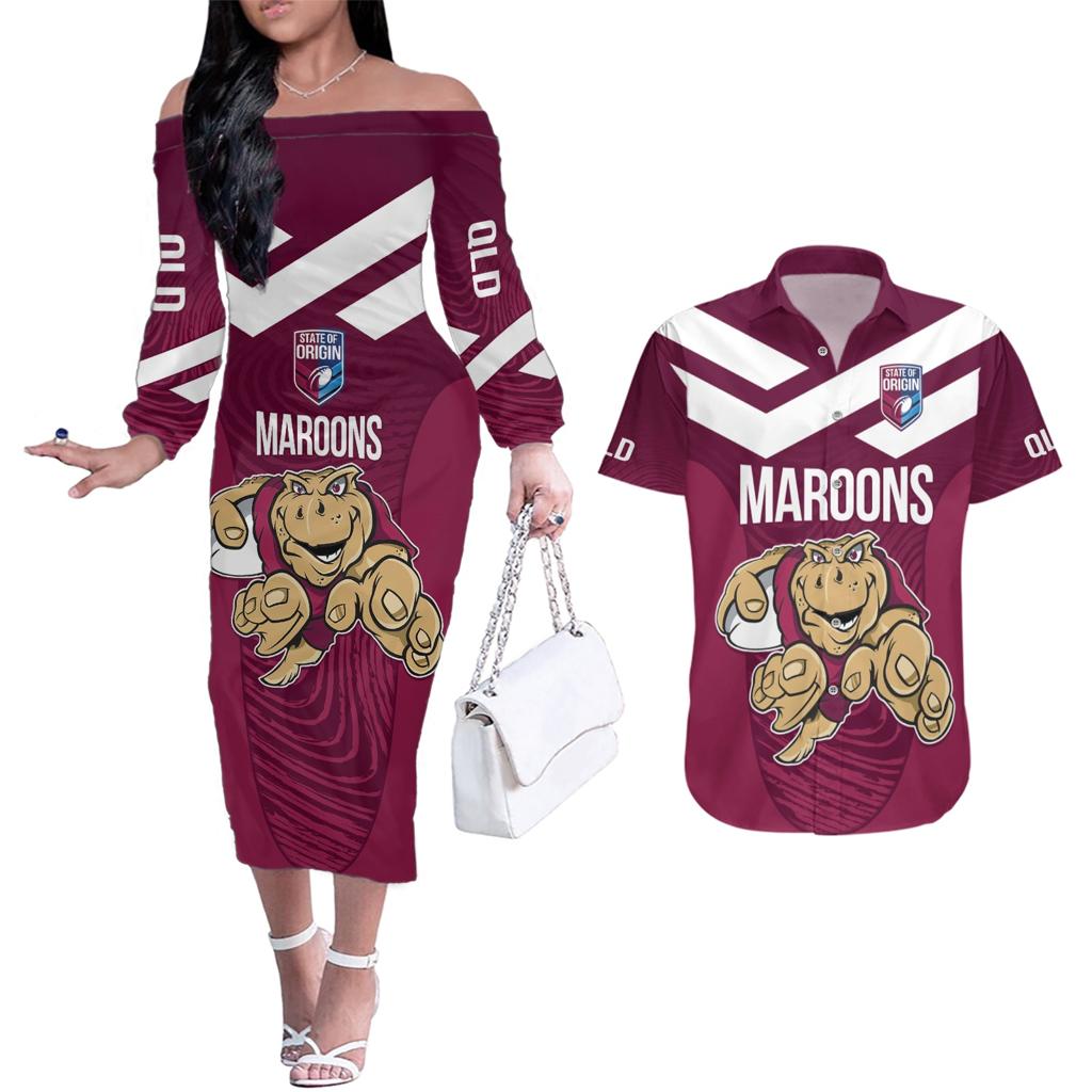 Custom Queensland Rugby Couples Matching Off The Shoulder Long Sleeve Dress and Hawaiian Shirt Maroons Cane Toad Origin Sporty