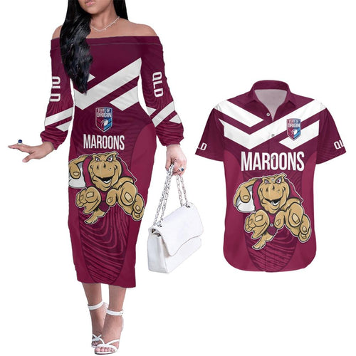 Custom Queensland Rugby Couples Matching Off The Shoulder Long Sleeve Dress and Hawaiian Shirt Maroons Cane Toad Origin Sporty