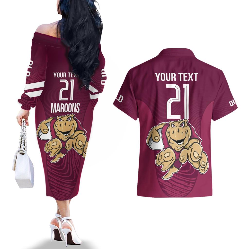 Custom Queensland Rugby Couples Matching Off The Shoulder Long Sleeve Dress and Hawaiian Shirt Maroons Cane Toad Origin Sporty