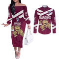 Custom Queensland Rugby Couples Matching Off The Shoulder Long Sleeve Dress and Long Sleeve Button Shirt Maroons Cane Toad Origin Sporty