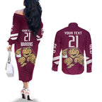 Custom Queensland Rugby Couples Matching Off The Shoulder Long Sleeve Dress and Long Sleeve Button Shirt Maroons Cane Toad Origin Sporty