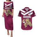 Custom Queensland Rugby Couples Matching Puletasi and Hawaiian Shirt Maroons Cane Toad Origin Sporty