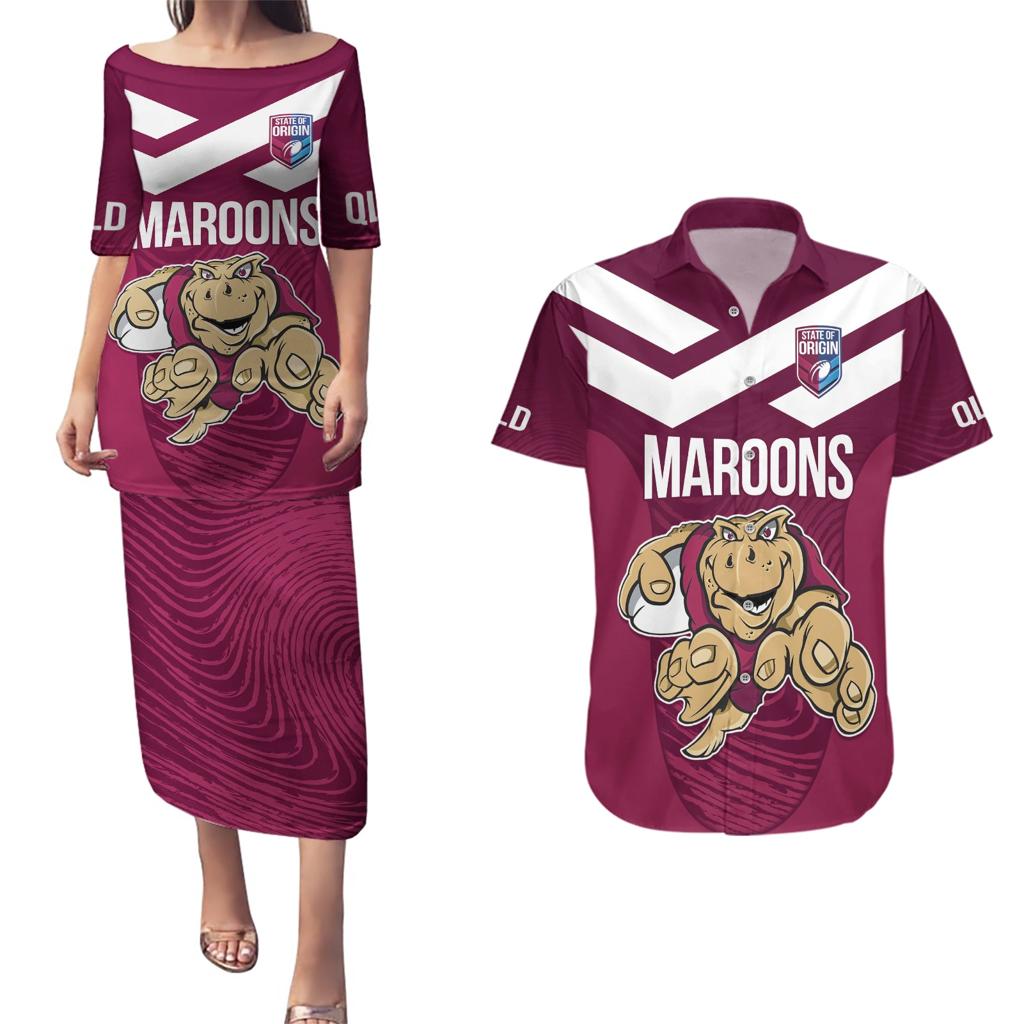 Custom Queensland Rugby Couples Matching Puletasi and Hawaiian Shirt Maroons Cane Toad Origin Sporty
