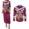 Custom Queensland Rugby Couples Matching Puletasi and Long Sleeve Button Shirt Maroons Cane Toad Origin Sporty