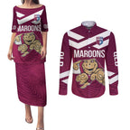 Custom Queensland Rugby Couples Matching Puletasi and Long Sleeve Button Shirt Maroons Cane Toad Origin Sporty