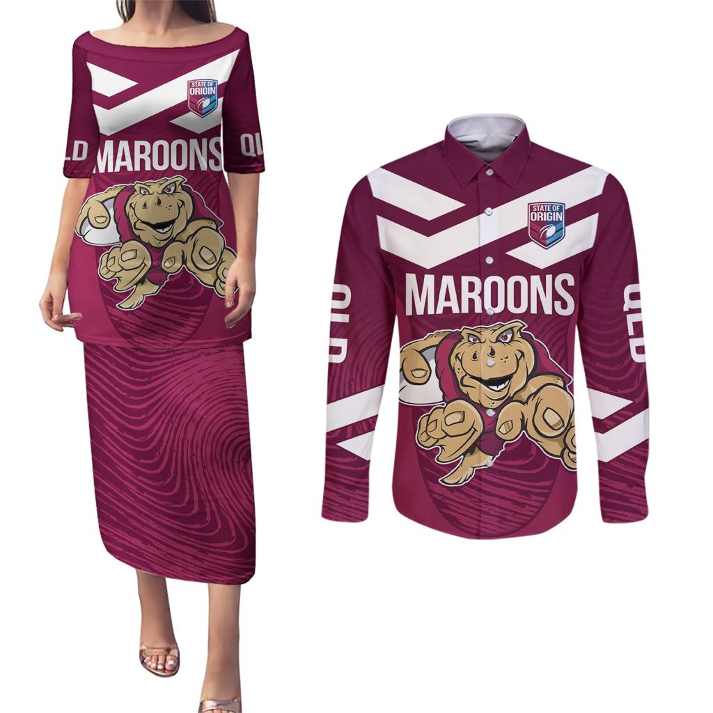 Custom Queensland Rugby Couples Matching Puletasi and Long Sleeve Button Shirt Maroons Cane Toad Origin Sporty