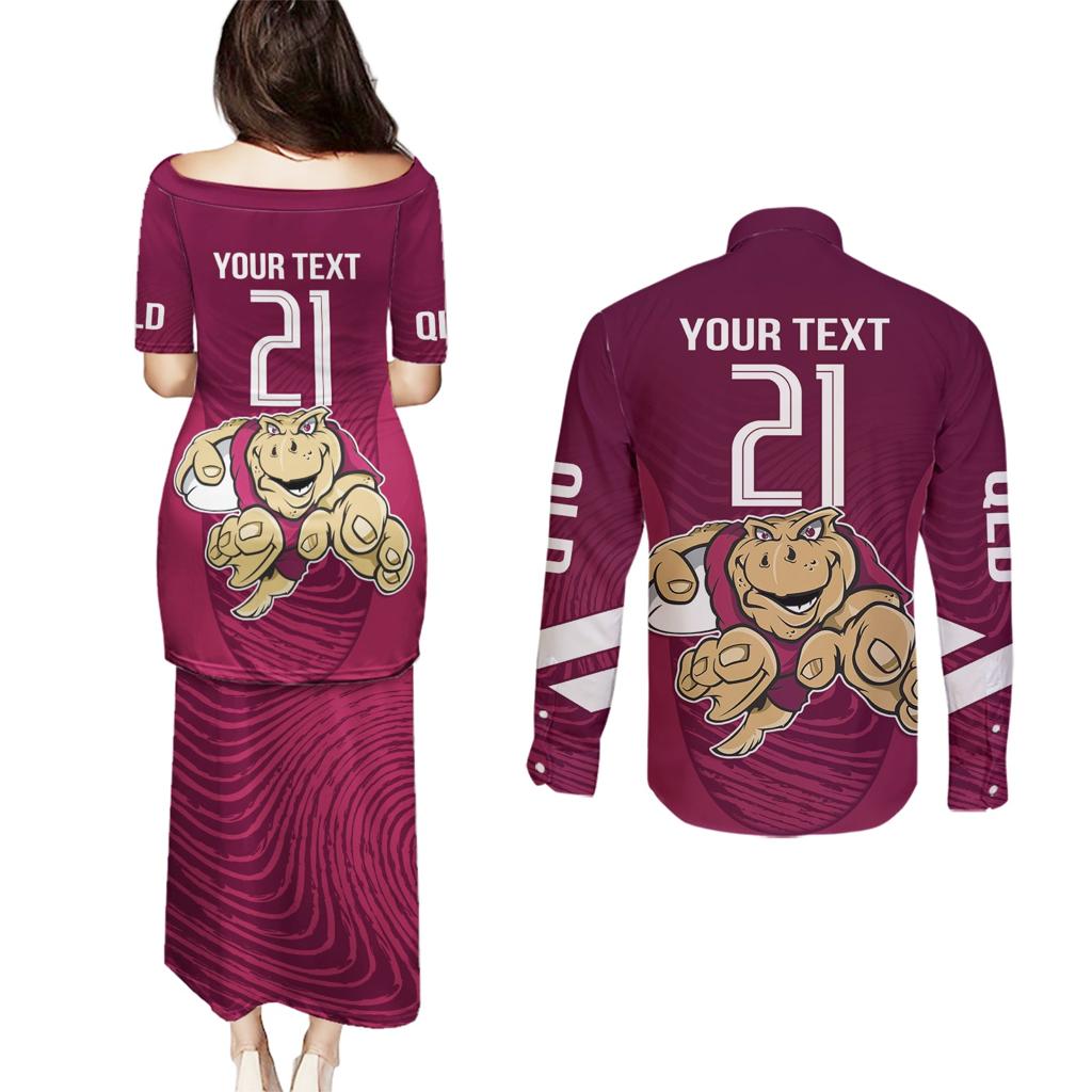 Custom Queensland Rugby Couples Matching Puletasi and Long Sleeve Button Shirt Maroons Cane Toad Origin Sporty