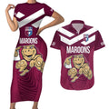 Custom Queensland Rugby Couples Matching Short Sleeve Bodycon Dress and Hawaiian Shirt Maroons Cane Toad Origin Sporty