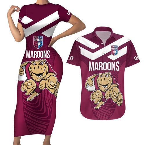 Custom Queensland Rugby Couples Matching Short Sleeve Bodycon Dress and Hawaiian Shirt Maroons Cane Toad Origin Sporty