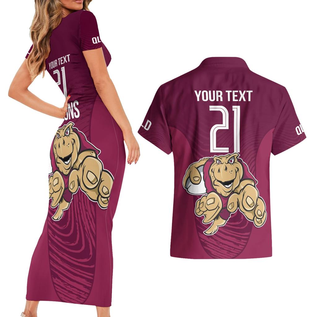 Custom Queensland Rugby Couples Matching Short Sleeve Bodycon Dress and Hawaiian Shirt Maroons Cane Toad Origin Sporty