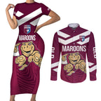 Custom Queensland Rugby Couples Matching Short Sleeve Bodycon Dress and Long Sleeve Button Shirt Maroons Cane Toad Origin Sporty