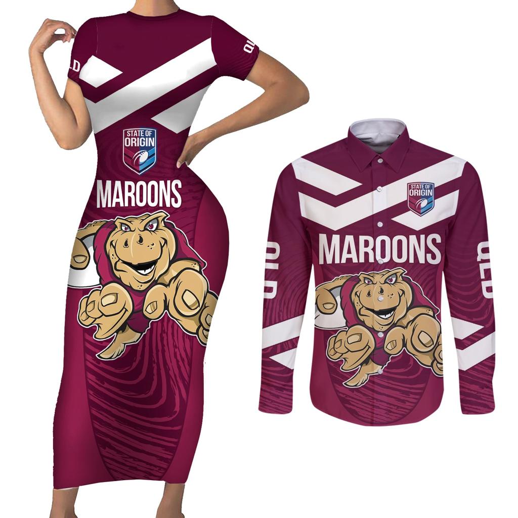 Custom Queensland Rugby Couples Matching Short Sleeve Bodycon Dress and Long Sleeve Button Shirt Maroons Cane Toad Origin Sporty
