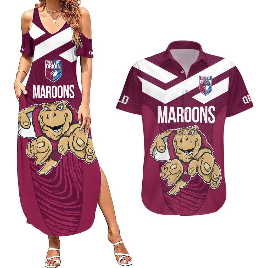 Custom Queensland Rugby Couples Matching Summer Maxi Dress and Hawaiian Shirt Maroons Cane Toad Origin Sporty