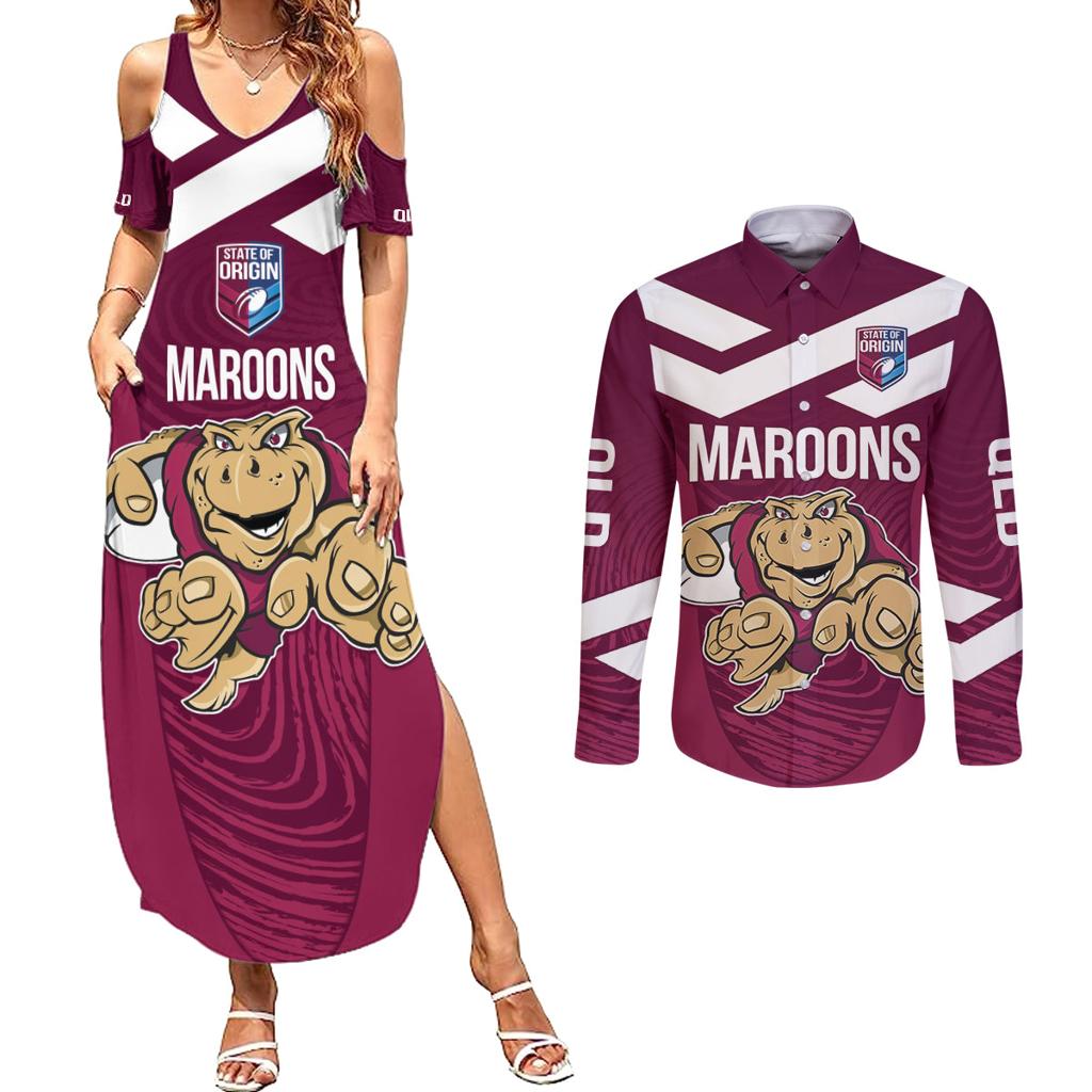 Custom Queensland Rugby Couples Matching Summer Maxi Dress and Long Sleeve Button Shirt Maroons Cane Toad Origin Sporty