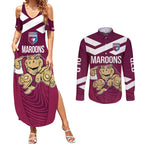 Custom Queensland Rugby Couples Matching Summer Maxi Dress and Long Sleeve Button Shirt Maroons Cane Toad Origin Sporty
