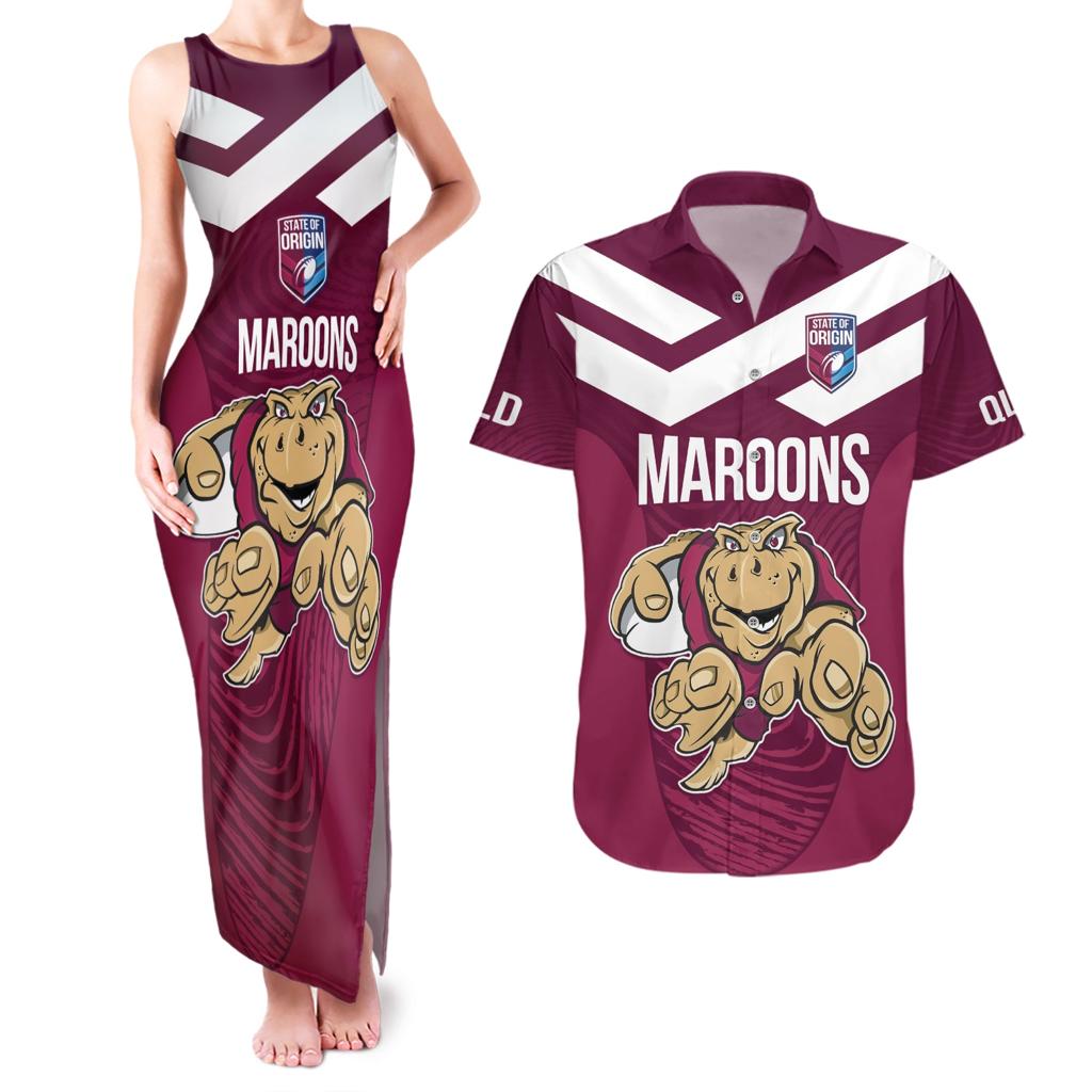 Custom Queensland Rugby Couples Matching Tank Maxi Dress and Hawaiian Shirt Maroons Cane Toad Origin Sporty
