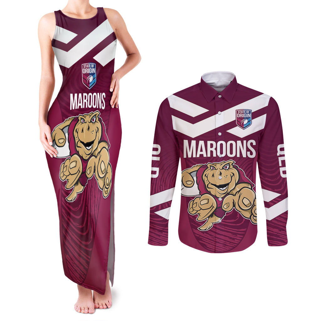 Custom Queensland Rugby Couples Matching Tank Maxi Dress and Long Sleeve Button Shirt Maroons Cane Toad Origin Sporty