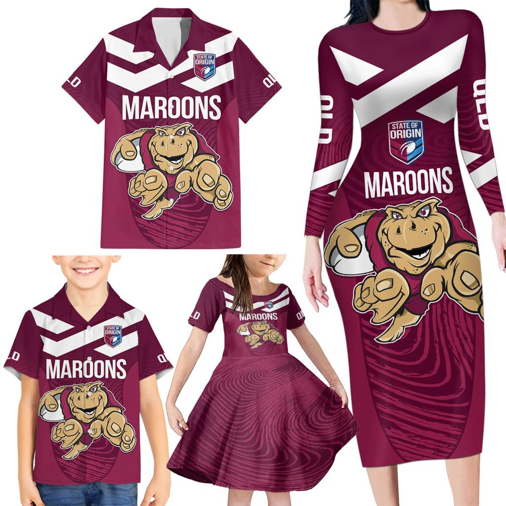 Custom Queensland Rugby Family Matching Long Sleeve Bodycon Dress and Hawaiian Shirt Maroons Cane Toad Origin Sporty