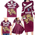Custom Queensland Rugby Family Matching Long Sleeve Bodycon Dress and Hawaiian Shirt Maroons Cane Toad Origin Sporty