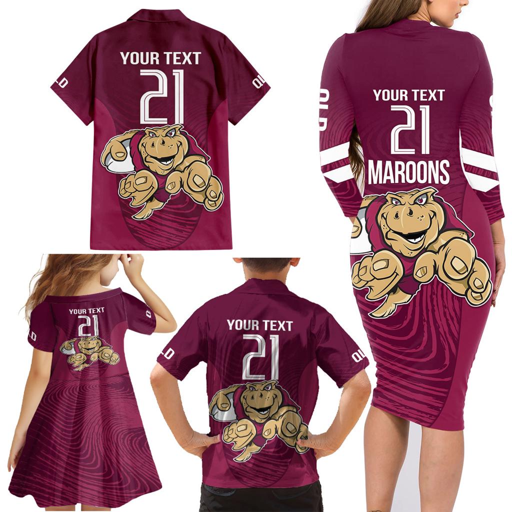 Custom Queensland Rugby Family Matching Long Sleeve Bodycon Dress and Hawaiian Shirt Maroons Cane Toad Origin Sporty